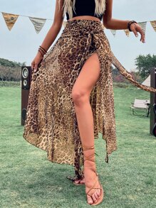 Leopard Print Split Thigh Tie Front Chiffon Skirt - Multicolor - View 4