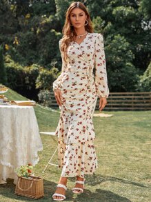 Modelyn Allover Floral Print Ruched Layered Hem Dress Maxi Women Outfit