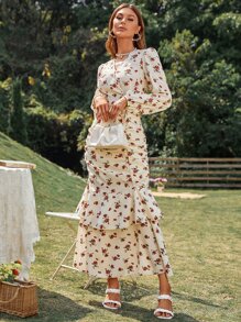 Modelyn Allover Floral Print Ruched Layered Hem Dress Maxi Women Outfit