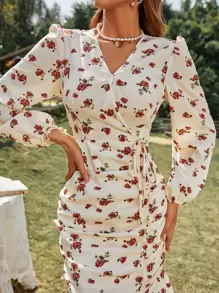 Modelyn Allover Floral Print Ruched Layered Hem Dress Maxi Women Outfit