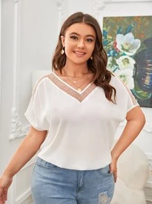 SHEIN Clasi Plus Contrast Dobby Mesh Dolman Sleeve Blouse - White - View 1