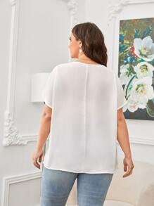 SHEIN Clasi Plus Contrast Dobby Mesh Dolman Sleeve Blouse - White - View 2