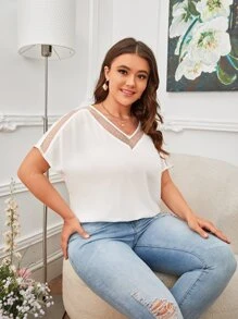 SHEIN Clasi Plus Contrast Dobby Mesh Dolman Sleeve Blouse - White - View 3