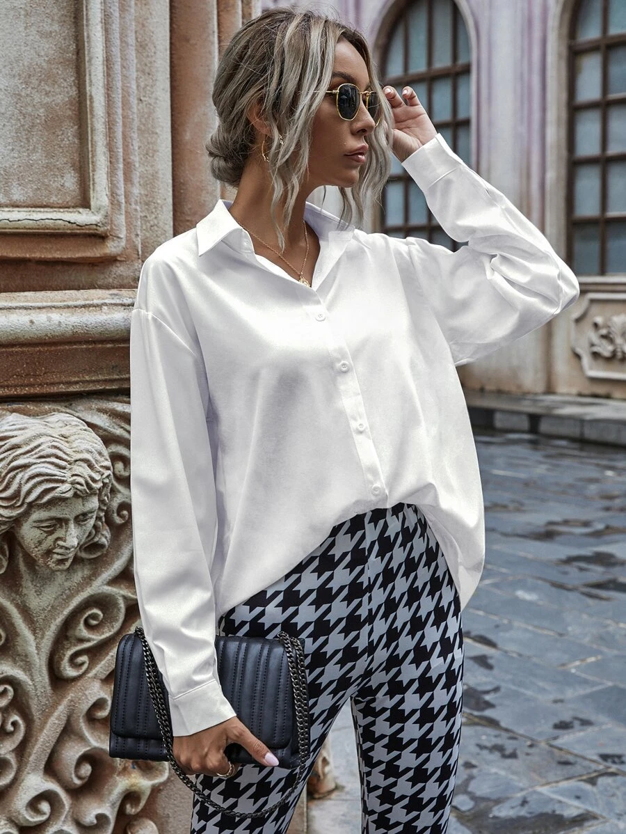 SHEIN LUNE Camisa de hombros caídos con botón unicolor - Blanco - Ver 1