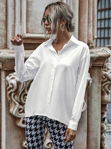 SHEIN LUNE Camisa de hombros caídos con botón unicolor - Blanco - Ver 3