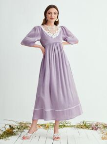 Mulvari Contrast Guipure Lace Puff Sleeve Dress - Lilac Purple - View 5