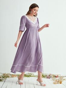 Mulvari Contrast Guipure Lace Puff Sleeve Dress - Lilac Purple - View 6