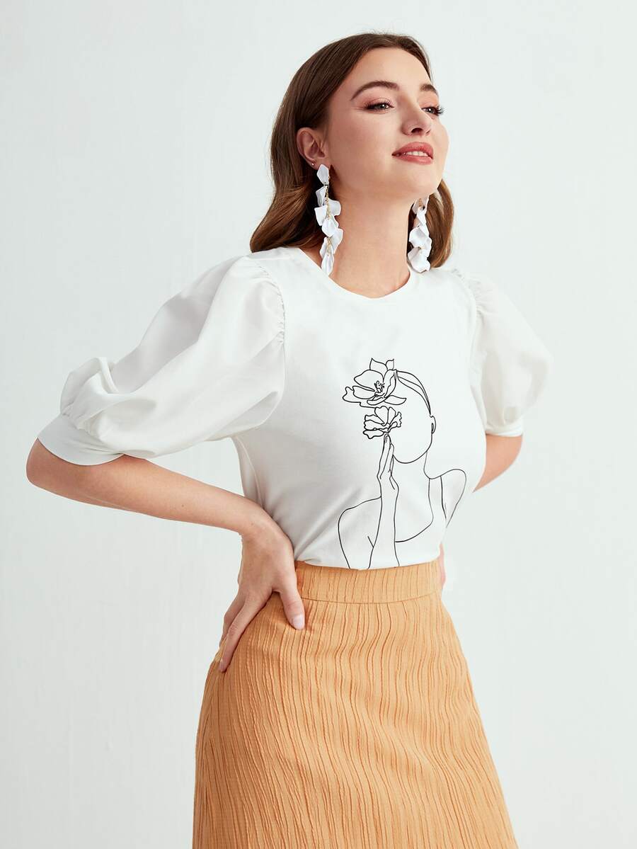 Mulvari Figure Graphic Puff Sleeve Tee - White - View 1