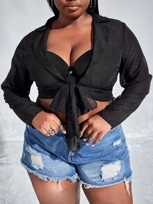 Maweii Plus Swiss Dot Tie Front Blouse - Black - View 3