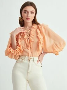 Mulvari Blusa con cordón delantero ribete con fruncido - Naranja Coral - Ver 1