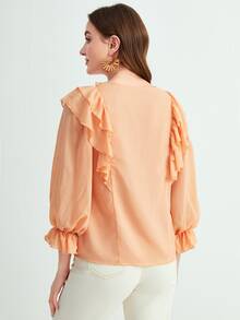 Mulvari Blusa con cordón delantero ribete con fruncido - Naranja Coral - Ver 2