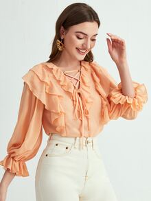 Mulvari Blusa con cordón delantero ribete con fruncido - Naranja Coral - Ver 3