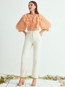 Mulvari Blusa con cordón delantero ribete con fruncido - Naranja Coral - Ver 4
