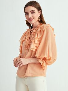 Mulvari Blusa con cordón delantero ribete con fruncido - Naranja Coral - Ver 5