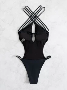 Plain Cut-out One Piece Swimsuit - Black - View 2