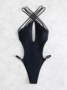 Plain Cut-out One Piece Swimsuit - Black - View 3