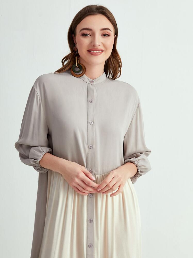 Mulvari Colorblock Lantern Sleeve Ruffle Hem Smock Dress - Multicolor - View 4