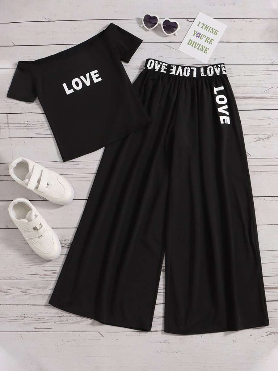 SHEIN Girls Letter Graphic Off Shoulder Tee & Wide Leg Trousers - Black - View 1