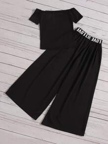 SHEIN Girls Letter Graphic Off Shoulder Tee & Wide Leg Trousers - Black - View 2
