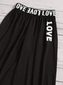 SHEIN Girls Letter Graphic Off Shoulder Tee & Wide Leg Trousers - Black - View 4