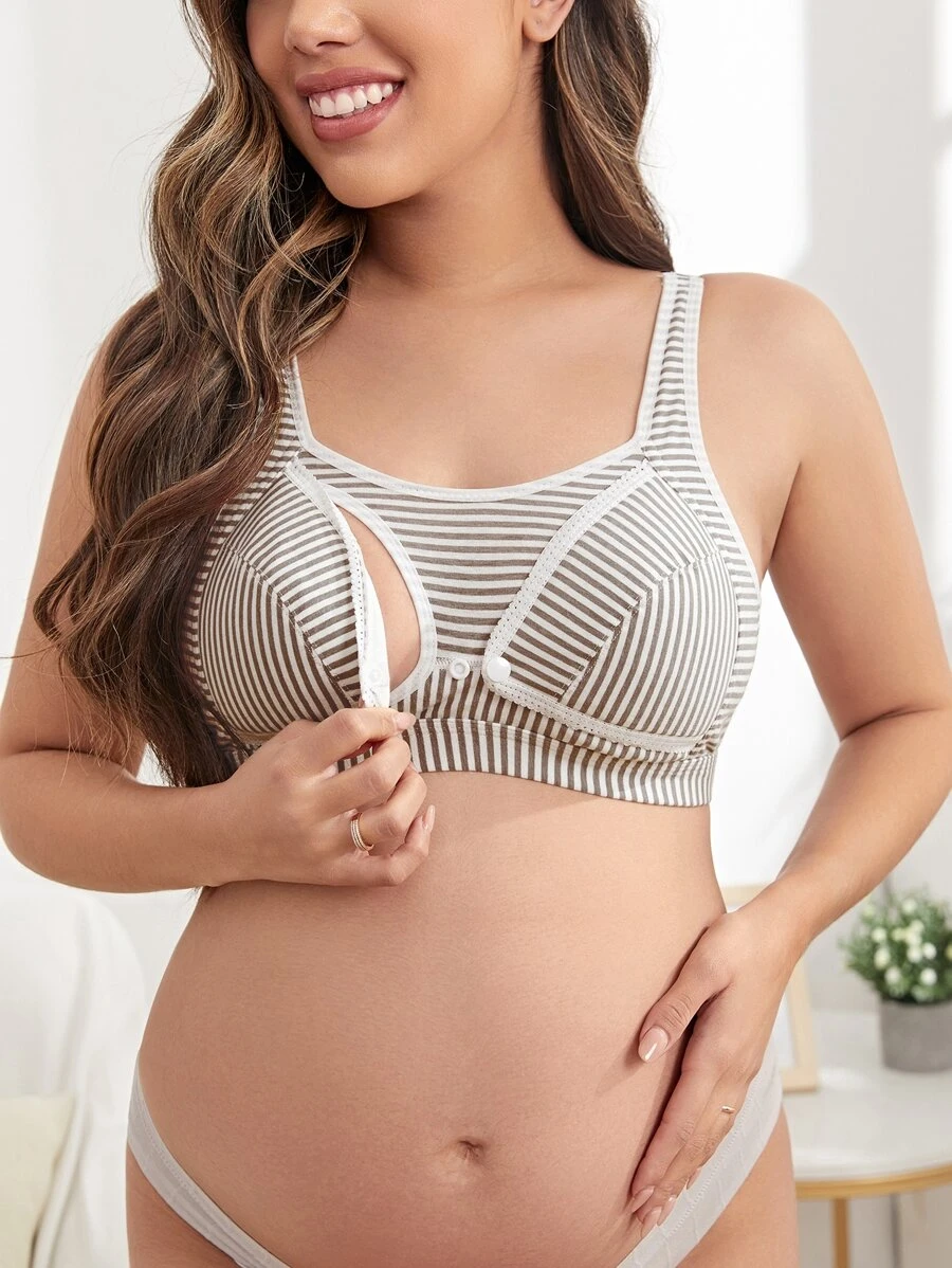 孕婦條紋對比邊繫扣哺乳內衣背心，適合母親 - 卡其色 - 查看 1