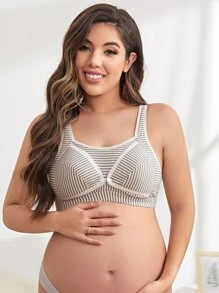 孕婦條紋對比邊繫扣哺乳內衣背心，適合母親 - 卡其色 - 查看 3