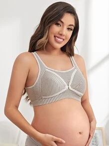 孕婦條紋對比邊繫扣哺乳內衣背心，適合母親 - 卡其色 - 查看 4