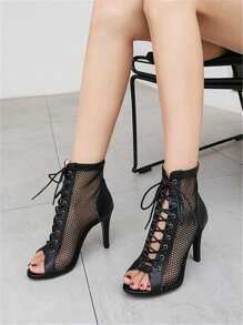Women Mesh Panel Lace-Up Front Heeled Sandal Boots Black Point Toe Tie Back Shoes - Black - View 1