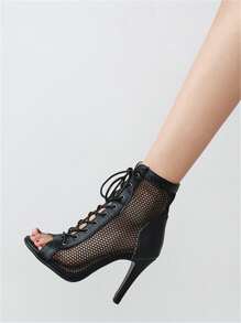 Women Mesh Panel Lace-Up Front Heeled Sandal Boots Black Point Toe Tie Back Shoes - Black - View 3