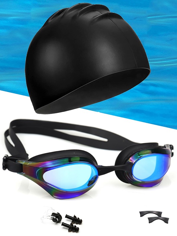 1set Swimming Cap & Silicone Tinted Swimming Goggles & Nose Clip