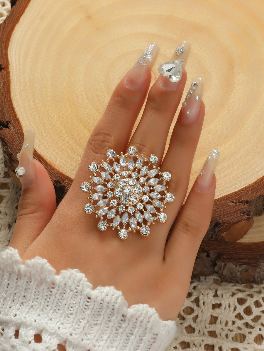 Rhinestone Flower Decor Ring Valentines,Mom,Mother,Mother's Day,Gift - White - View 1