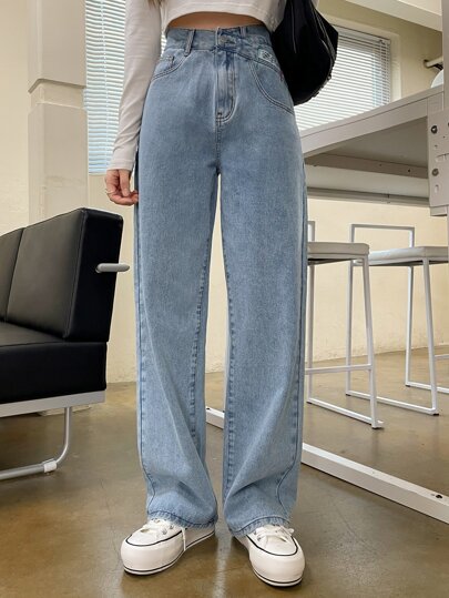 Letter Patch Straight Leg Jeans