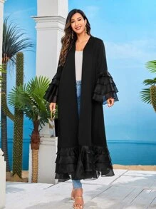 Al Najma Layered Ruffle Trim Trumpet Sleeve Abaya - Black - View 2