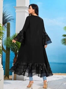 Al Najma Layered Ruffle Trim Trumpet Sleeve Abaya - Black - View 3