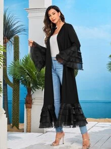 Al Najma Layered Ruffle Trim Trumpet Sleeve Abaya - Black - View 4