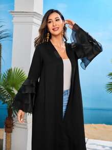 Al Najma Layered Ruffle Trim Trumpet Sleeve Abaya - Black - View 5