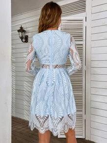 Eilly Bazar 薄透拼接貝殼邊蕾絲連衣裙 - 淺藍色 - 查看 2
