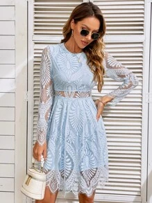 Eilly Bazar 薄透拼接貝殼邊蕾絲連衣裙 - 淺藍色 - 查看 7