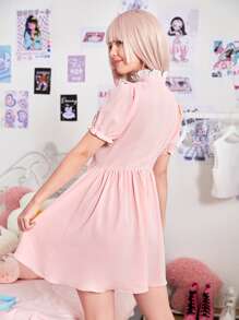 ROMWE Kawaii 心鏤空蕾絲拼接洋裝 - 粉色 - 查看 2