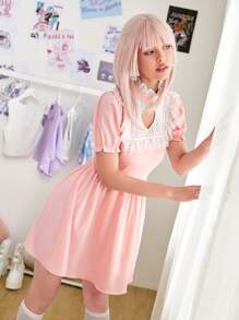 ROMWE Kawaii 心鏤空蕾絲拼接洋裝 - 粉色 - 查看 5