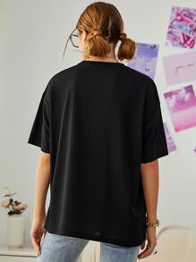 SHEIN EZwear Car And Letter Graphic Drop Shoulder Tee - Black - View 2