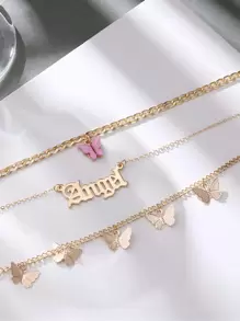 字母與蝴蝶吊墜多層次項鍊 - 金黃色 - 查看 4