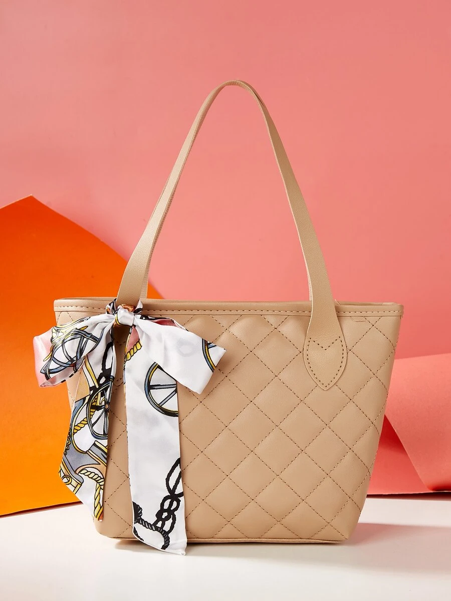 Mini Skinny Scarf Decor Quilted Detail Bucket Bag - Khaki - View 1