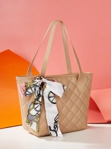 Mini Skinny Scarf Decor Quilted Detail Bucket Bag - Khaki - View 3
