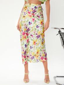 SHEIN VCAY Floral Print Drawstring Side Satin Skirt - Multicolor - View 1