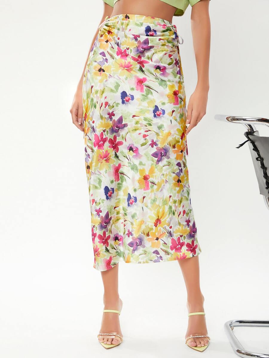 SHEIN VCAY Floral Print Drawstring Side Satin Skirt - Multicolor - View 1