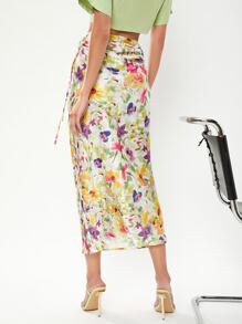 SHEIN VCAY Floral Print Drawstring Side Satin Skirt - Multicolor - View 2