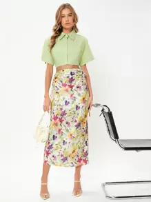 SHEIN VCAY Floral Print Drawstring Side Satin Skirt - Multicolor - View 3