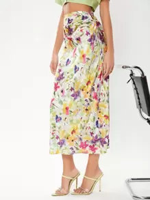 SHEIN VCAY Floral Print Drawstring Side Satin Skirt - Multicolor - View 4
