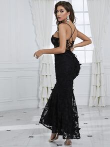 YISIKADO Butterfly Guipure Lace Up Backless Maxi Cami Formal Dress - Black - View 2